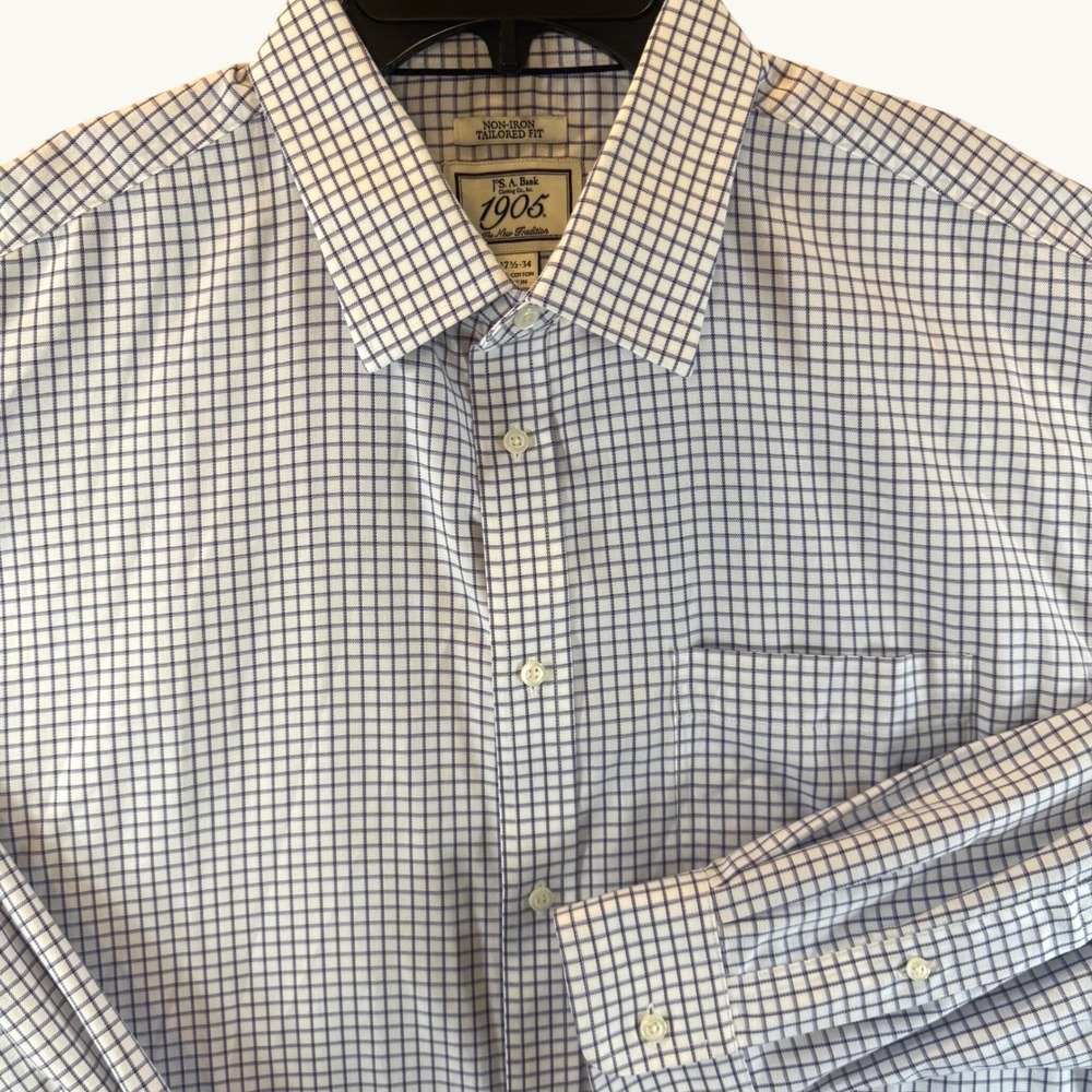 Jos. A. Bank Dress Shirt 17.5 34 1905 Tailored Fit Non-Iron Purple Check 0466